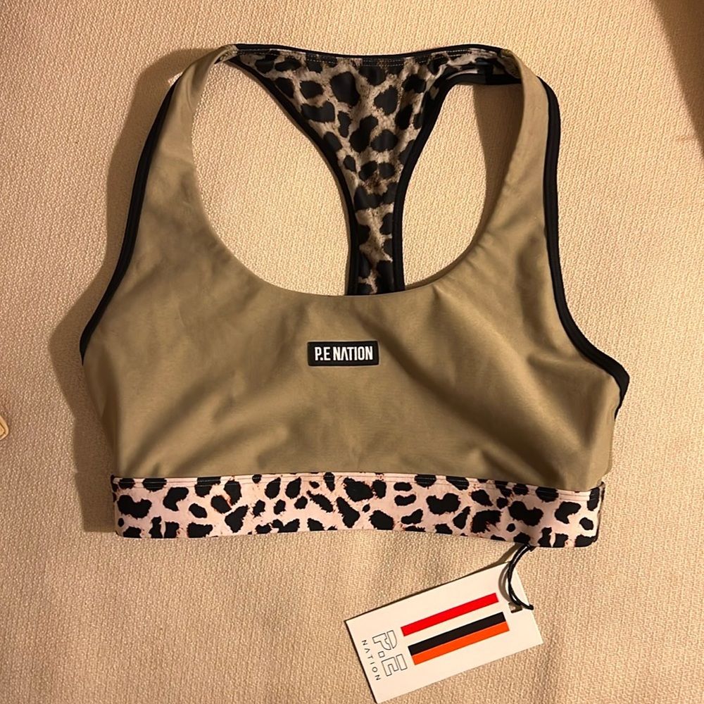 PE Nation Possession Sports Bra In Olive Gray with Leopard Accents